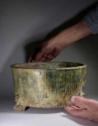Antique Chinese Han Dynasty Green Glazed Pottery Tripod Vessel Hill Jar