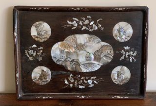 Superbly Worked 19th Century Chinese Rosewood Tray With Mother Of Pearl Inlay
