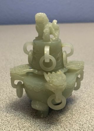 Vintage Chinese Carved Jade Urn With Dragon And Foo Dog Motif
