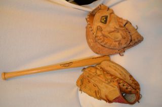 2 Vintage Baseball Gloves/ One Mini Baseball Bat " Babe Ruth "