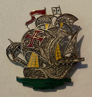 Vintage Topazio Portugal.  925 Sterling Silver Enamel Filigree Ship Pin