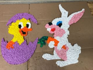 2 Vintage Melted Plastic Popcorn Decorations Easter Spring Duck Bunny Rabbit