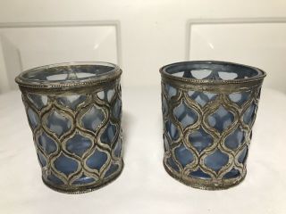 Pair Vintage Moroccan Pierced Tooled Metal Blue Glass Candle Votive Holder Cups