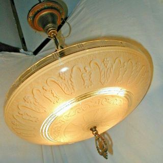 Gorgeous Antique Vtg Art Deco Chandelier Light Fixture Bronze Gold Glass Shade