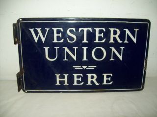 Antique Western Union Here 2 Sided Porcelain Flange Sign 17 " By 10 "