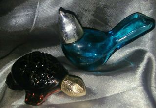 Vintage Avon Silver Blue Bird Of Happiness & Gold Turtle Glass Bottles Perfume