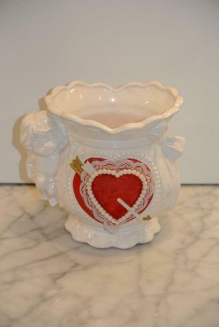 Vintage Japan Valentine Heart Planter Vase Cherub Bow Felt Beaded Lace Heart