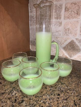 Vintage Mid Century Modern Tall Blendo Frosted Green Glass Pitcher With 6 Glasse