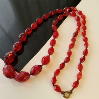 Antique Vintage Art Deco Red Glass Faceted Graduated Beads Necklace 26 " L