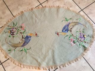 Vintage Table Runner Dresser Scarf With Embroidered Tropical Birds & Lace Edges