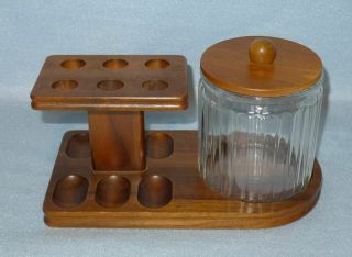 Vintage Wood Pipe Stand With Glass Jar Humidor,  Wooden Rack.