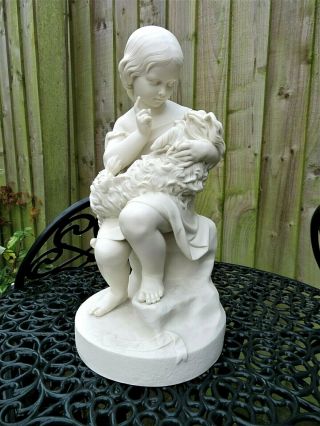 Antique 19thc Large Copeland Parian Figure A Young Girl With Terrier Dog C1862