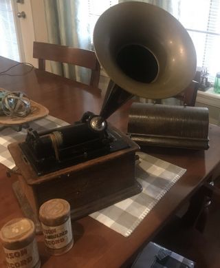 Antique Edison Cylinder Phonograph With Horn And Cylinders