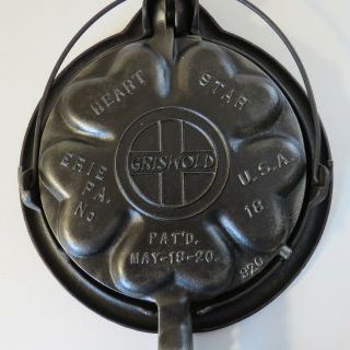 Antique Griswold Heart & Star Waffle Iron No.  18 With Low Base (919 920 913)