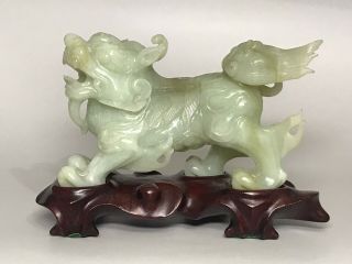 Vintage Chinese Nephrite Jade Foo Dog Carving Sculpture With Wood Stand,