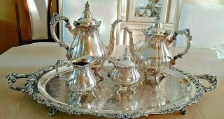 Baroque By Wallace Silver Plate Coffee & Tea Set & A Huge Serving Tray - 5 Pc.