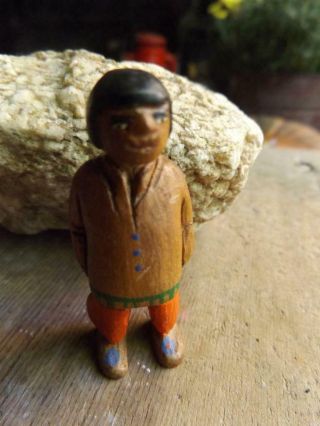 Vintage Miniature Hand Carved Wood Folk Art Native American Indian Boy Figurine