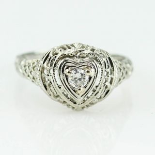 Antique 0.  20 Ct.  Diamond Art Deco Heart Face Filigree Design Ring 18k White Gold