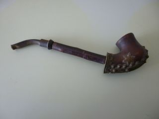 Vintage Wooden 7 1/2 " Long Smoking Pipe With Brass Decorations On The Bowl
