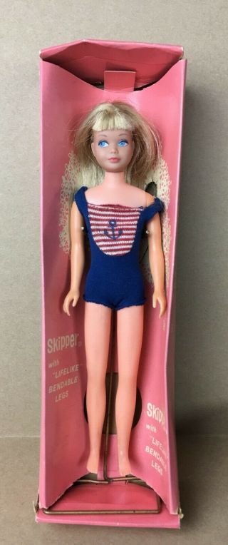 Vintage 1965 Mattel Skipper Bend Legs Doll 1030 W/box,  Swimsuit,  Metal Stand