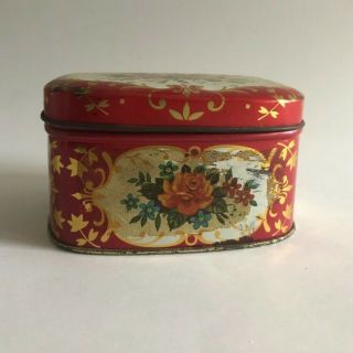 Vintage Small Red Floral Metal Tin Box 2 " X3 " X4 " Made In England Storage Decor