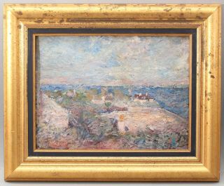 Antique Signed Impressionist European Seaside Village Oil Painting,  SH Monogram 2