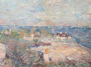 Antique Signed Impressionist European Seaside Village Oil Painting,  SH Monogram 3
