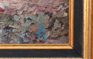 Antique Signed Impressionist European Seaside Village Oil Painting,  SH Monogram 4