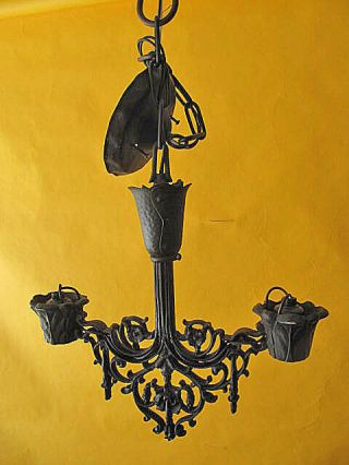 Vintage Spanish Revival 2 Light Cast Iron Small Ceiling Mount Pendant 1920 
