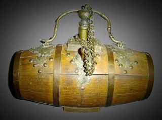 Antique English Highly Ornate Oak Wooden Whiskey Wine Barrel Decanter Keg