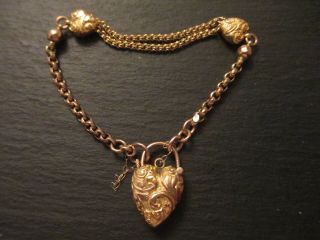 Antique Victorian 9ct Gold Albertina Style Bracelet,  Heart Padlock,  Heart Links