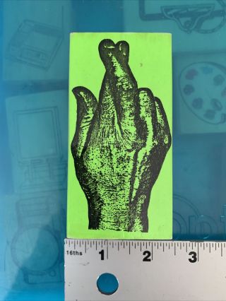 Green Eyed Goblin Rubber Stamp Back Of Hand Fingers Crossed,  Vintage Rare