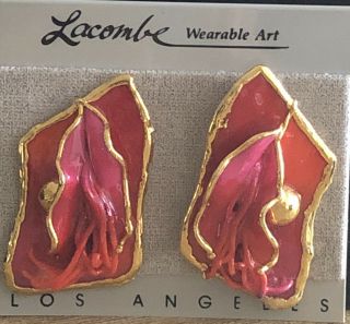Vintage Amy Lacombe Wearable Abstract Art Post Earrings 1988 Signed 24k Gold Pla