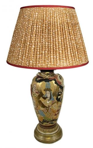 Large Antique Japanese Satsuma Gilded Guanyin Dragon Relief Porcelain Vase Lamp
