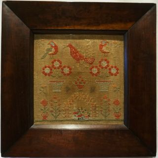 Small Early/mid 19th Century Church,  Birds & Motif Sampler Initialled Pm C.  1845