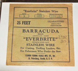 Vintage Barracuda Everbrite Stainless Wire Florida Fishing Tackle Mfg.  Co.  Inc.