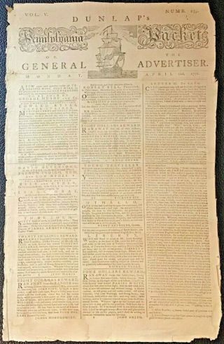 Antique Newspaper Pennsylvania Packet And General Advertiser April 22 1776 Aafa