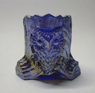 Rare Vintage Summit Art Glass Blue Carnival Glass Owl In Tree Toothpick Holder