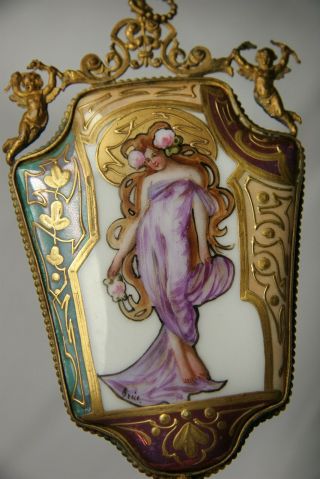 Outstanding Art Nouveau Hand Painted Porcelain Mirror Artist Signed