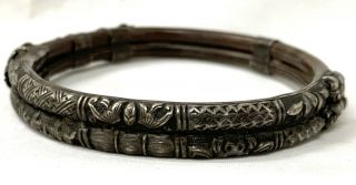 Antique Vtg Chinese Sterling Silver Double Bamboo Rattan Wood Bangle Bracelet