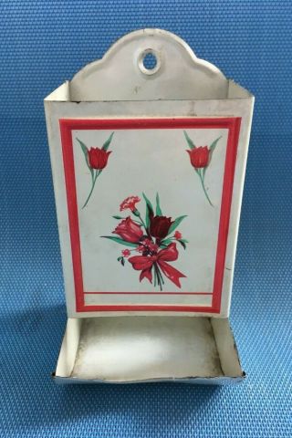 Vintage Metal Wall Mount Match Holder With Flowers