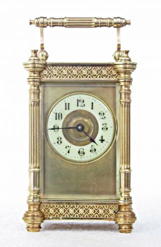 Antique French Gilt Brass Carriage Clock,  Filigree Friezes Columns,  Well