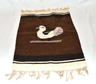 Vintage Mexican Brown And White Duck Woven Wool Fringed Wall Hanging 13x18.  5