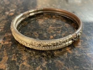 Antique Chinese Sterling Silver Bamboo Rattan Wood Bangle Bracelet