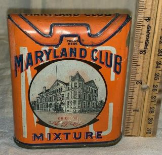 Antique Maryland Club Mixture Tin Litho Vertical Pocket Tobacco Can Marburg Bros