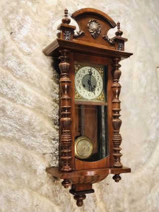 Rare Antique Germany Junghans Wall Striking Vienna Clock,  Walnut Case & Pendulum