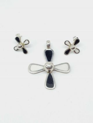 Vintage 925 Sterling Silver Enamel Ball Cross Pendant And Earrings