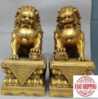 Pair Statue Chinese Bronze Fengshui Guardian Foo Fu Dog Phylactery Door Lion Leo