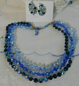 Vintage Lisner Sapphire Blue Rhinestone Earrings & Blue Crystal Bib Necklace