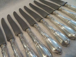 1900 French Sterling Silver (handles) 12 Dinner Knives Rococo St Maillard